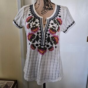 Anthropologie Floral Embroidered Blouse - White and Pink